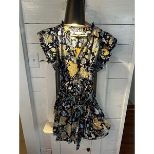 Elan Women‎ Navy Yellow Floral Paisley Flutter Sleeve Tiered Ruffle S mini dress